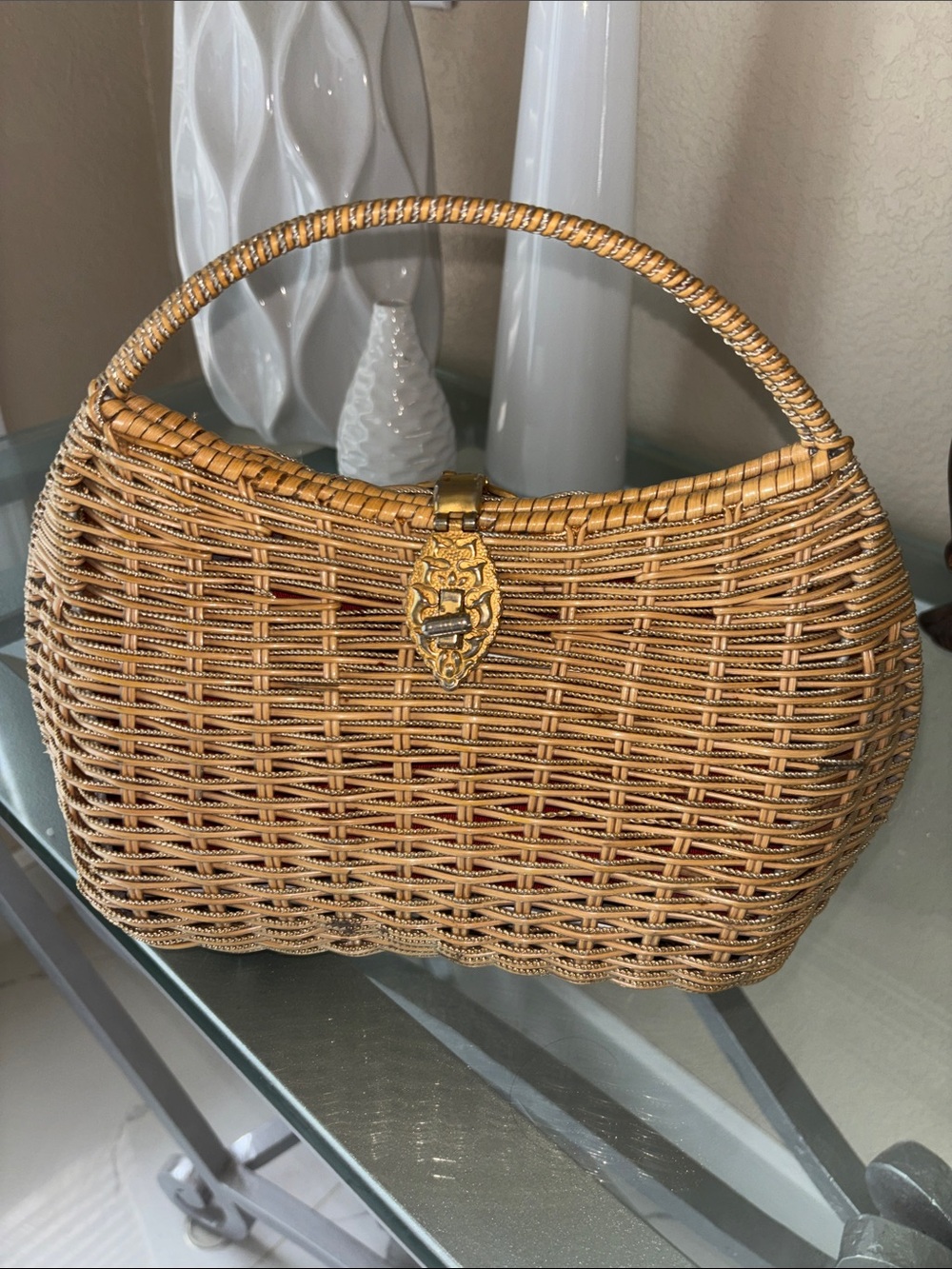Unk Woven Rattan Satchel in Tan with Gold Hardware